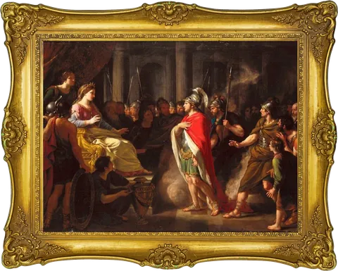 Classical court scene in a gold frame