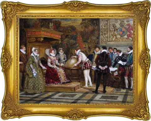 Elizabethan court audience in a gold frame