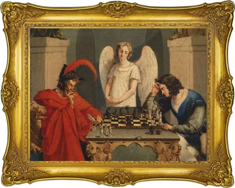Angel watching a chess game, gold frame