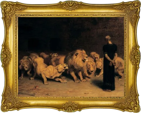 Figure among lions, gold frame