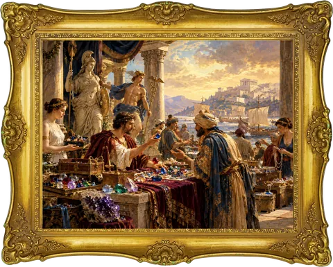 Gem merchants at a harbour market, gold frame