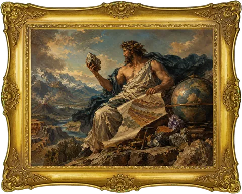 Seated figure holding a gem with a globe, gold frame