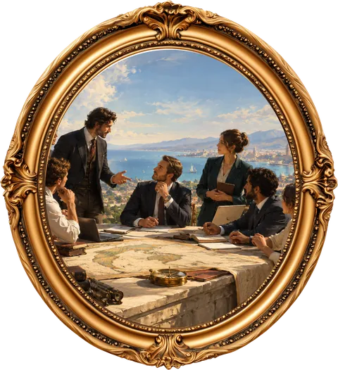 Entrepreneurs gathered around a table in a gold oval frame