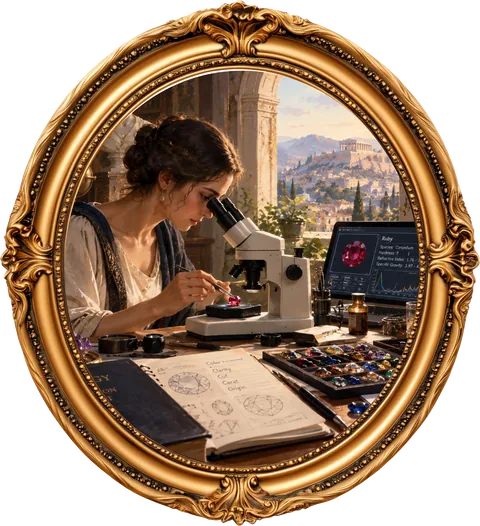 Gemologist examining a stone under a microscope in a gold oval frame